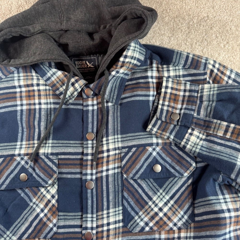 Eddie Bauer Mens Large Blue Plaid‎ Hooded Quilted Lined Flannel Shirt Jacket L